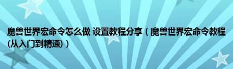 魔兽世界宏命令怎么做 设置教程分享（魔兽世界宏命令教程(从入门到精通)）